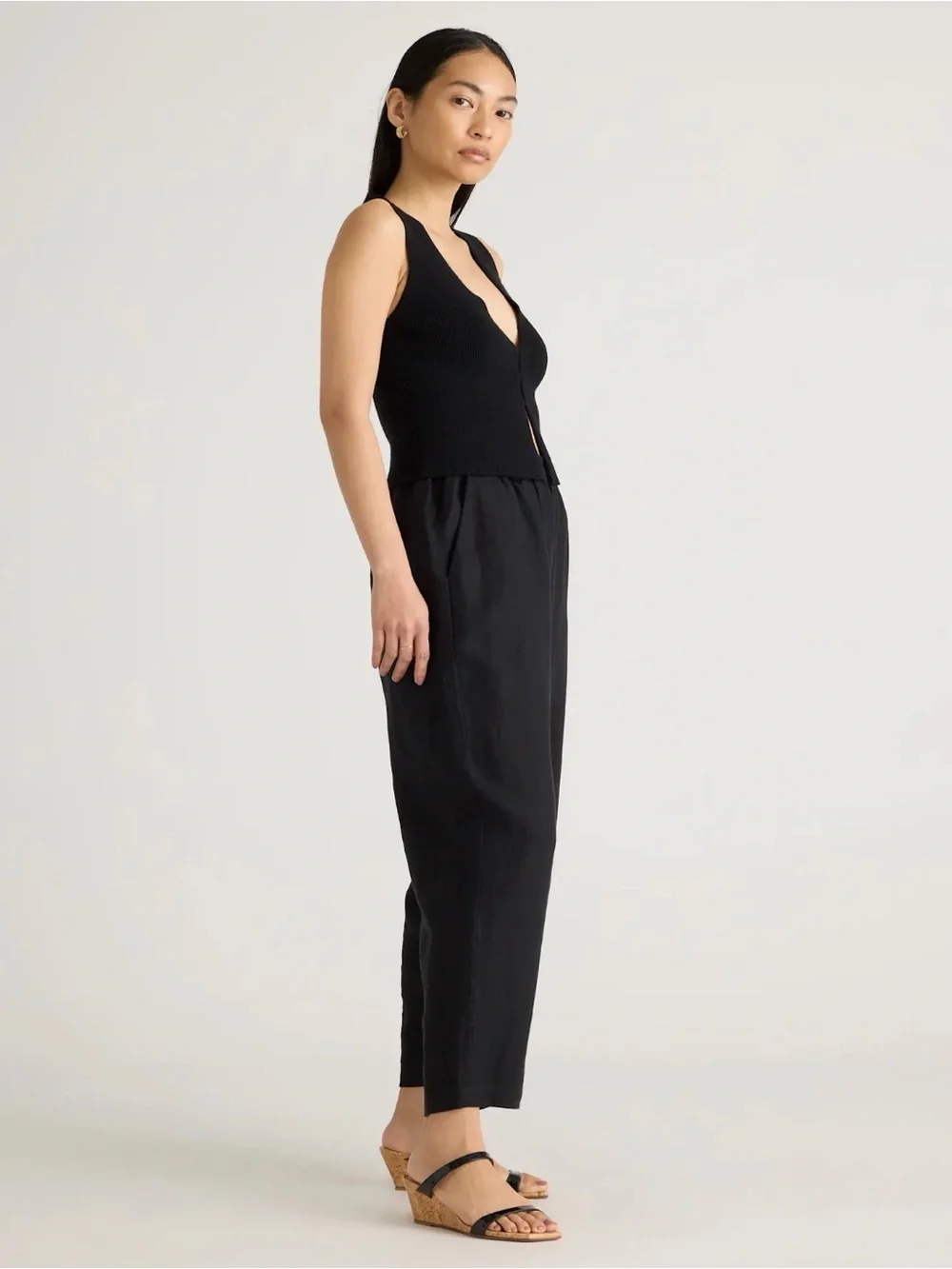 Quince 100% European Linen Black Elastic-Waist Casual Pants